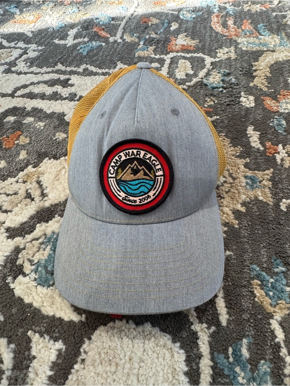 Richardson heather gray  gold mesh-back trucker‎ cap Camp War Eagle"  NWOT